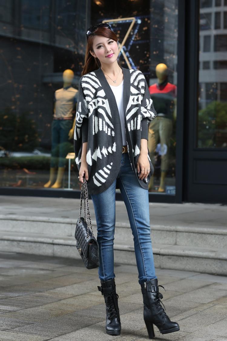 fashion เสื้อคลุม ไหมพรม สีเทา ดำ ใส่กันหนาวได้ อุ่นๆ น่ารัก