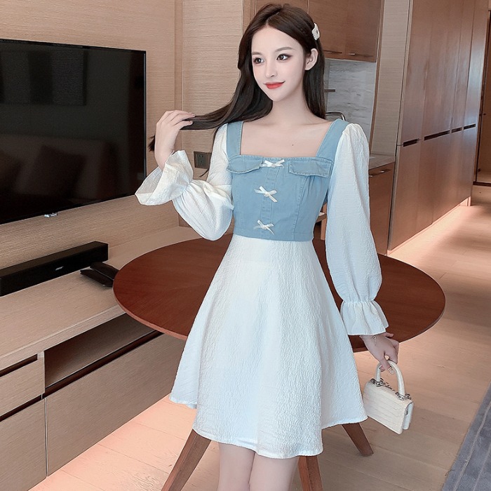 พรีออเดอร์ : เดรสแฟชั่นสไตล์เกาหลีแบบสวยหวานสีขาวแขนยาวตัดต่อผ้าเดนิ่มตามแบบ