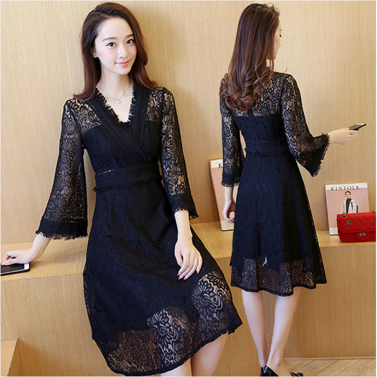 ชุดเดรสลูกไม้สีดำ คอวี มีแขน กระโปรงฟรีไซส์ แนวเรียบร้อย สวยหวาน น่ารักๆ แฟชั่นสวยๆ สไตล์เกาหลี ใส่ได้หลายโอกาส