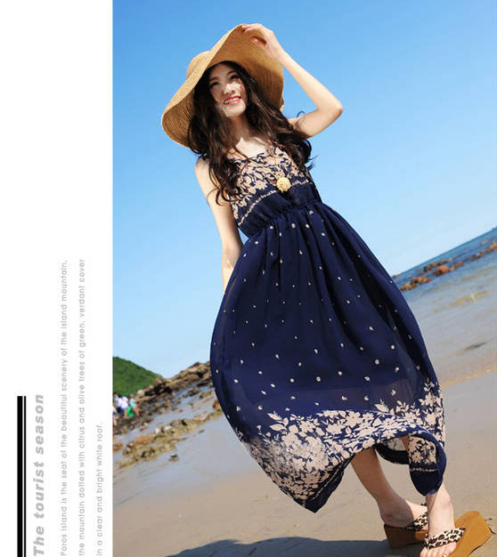 maxi dress เดรสยาวผ้าชีฟอง ใส่เที่ยวทะเลชิวๆ สีน้ำเงิน สวย น่ารักๆ Asia Street Fashion