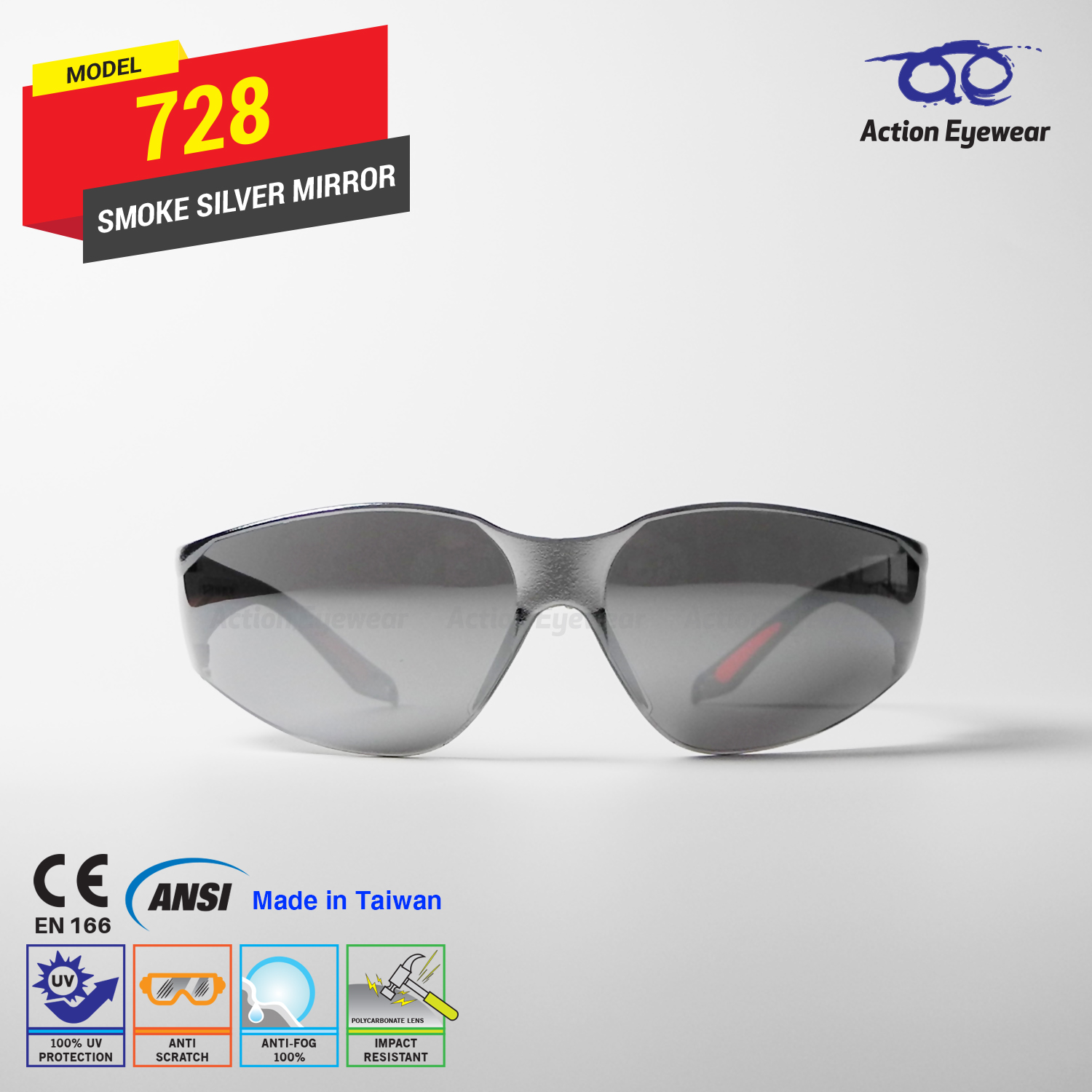 แว่นตานิรภัย รุ่น 728 (กันฝ้า 100%) เลนส์ดำปรอท