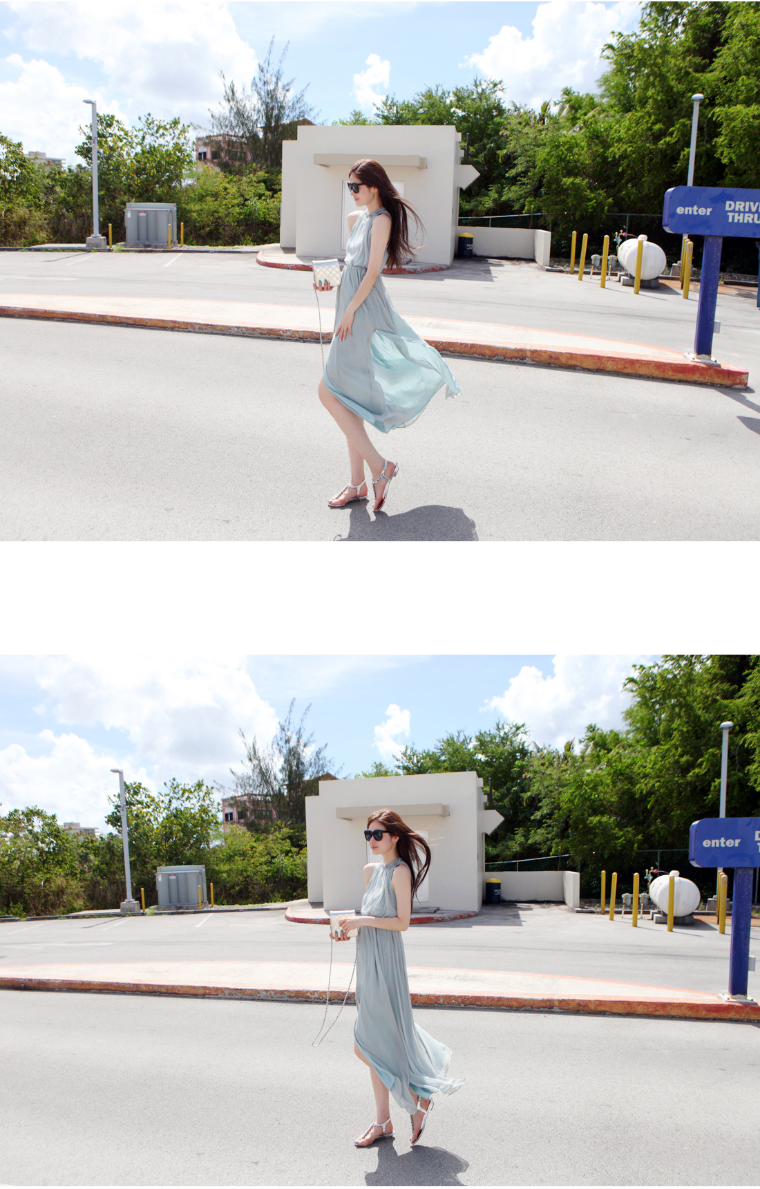 maxi dress - ชุดเดรสยาวผ้าชีฟอง ใสเที่ยว ใส่ทำงาน แขนกุด เปิดหลัง สีเขียว น่ารัก ใส่ออกงานได้ Asia Street Fashion