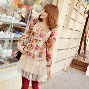 DRESS ชุดเดรสแฟชั่นแขนยาว สีครีม ลายดอกไม้ ผ้าชีฟองตัดต่อกระโปรงผ้ามุ้ง เอวจั๊ม ใส่ทำงาน ใส่เที่ยว น่ารัก ASIA STREET FASHION