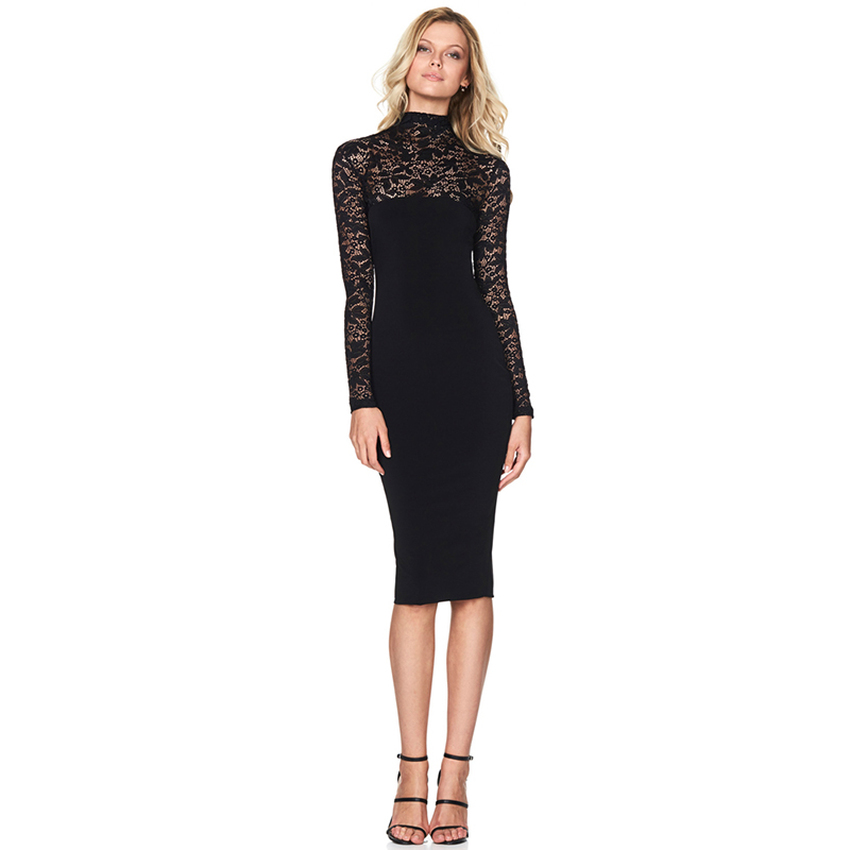 HengSong Women Ladies Sexy Lace Floral Long Sleeve Shop Fashion Dresses Online Black