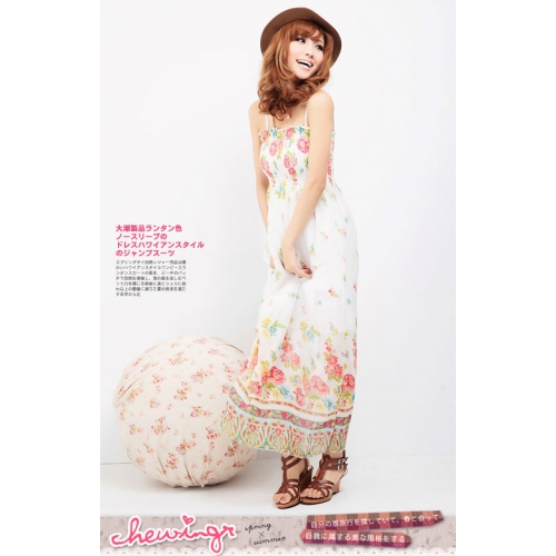 maxi dress ชุดเดรสยาวสายเดี่ยว งานแต่งงาน ผ้าชีฟอง พื้นสีขาว ลายดอกไม้ สม็อกอก ใส่ออกงานได้ สวยๆ Asia Street Fashion