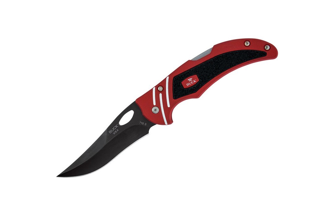 มีดพับ Buck 710 Volt Folding Knife 3.25" Black Skinner Blade, Red Aluminum Handles with Grip Inlays