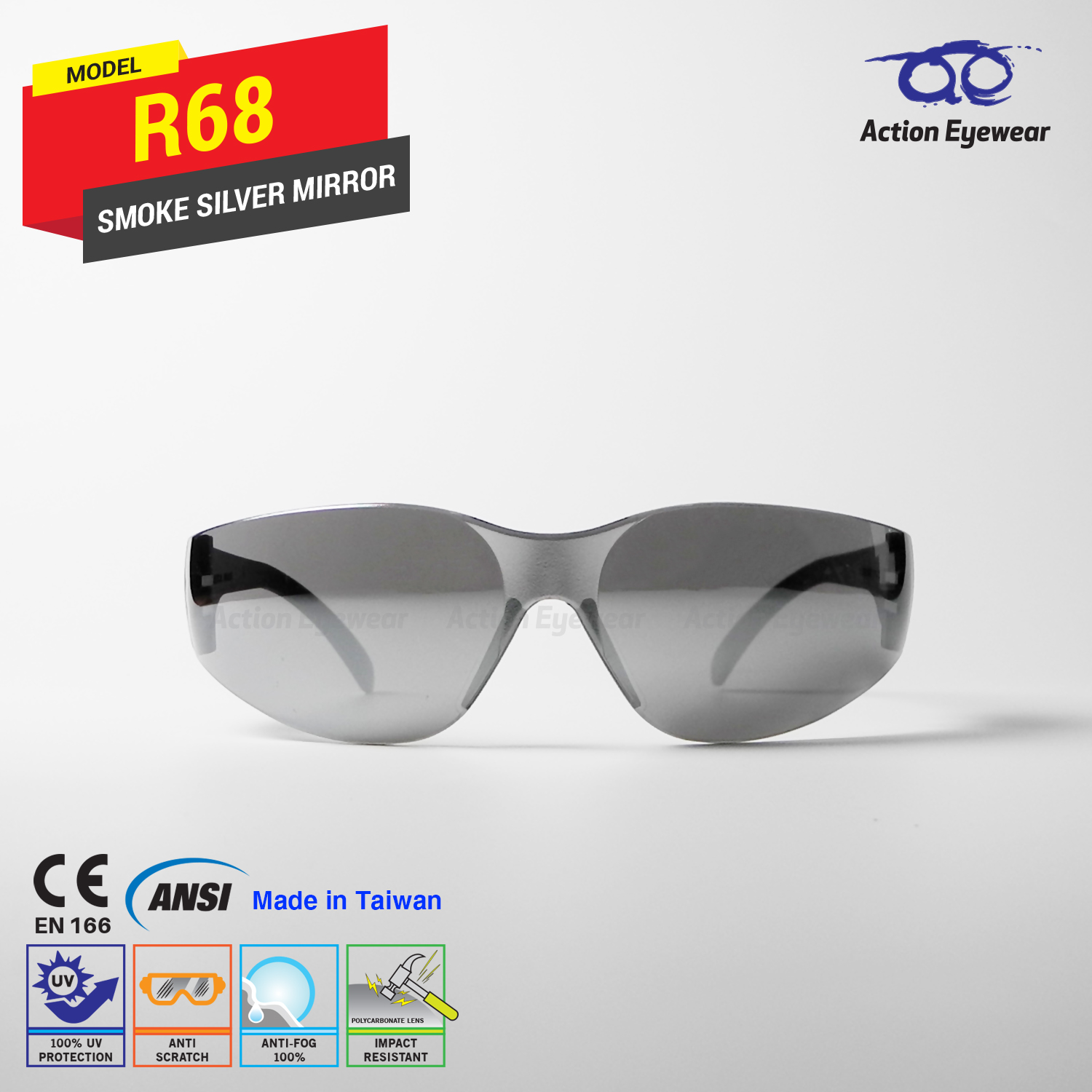 แว่นตานิรภัย รุ่น R68 (กันฝ้า 100%) เลนส์ดำปรอท