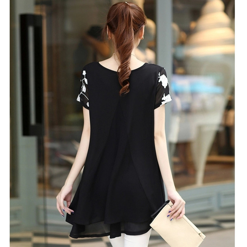 HengSong Short Sleeves Women's Clothing Embroidery Chiffon KoreaVersion Ladies Dresses Shirt Black
