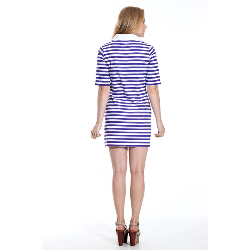 Aries50 ชุดเดรสฟรุ้งฟริ้ง คอปก แขนสามส่วน ทรงใส่สบาย รุ่น Minimal Stripe(สีม่วง)