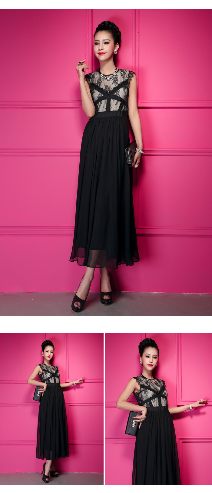 maxi dress ชุดเดรสยาว แฟชั่น ผ้าชีฟอง แต่งลูกไม้ แขนกุด สีดำ ใส่ออกงาน