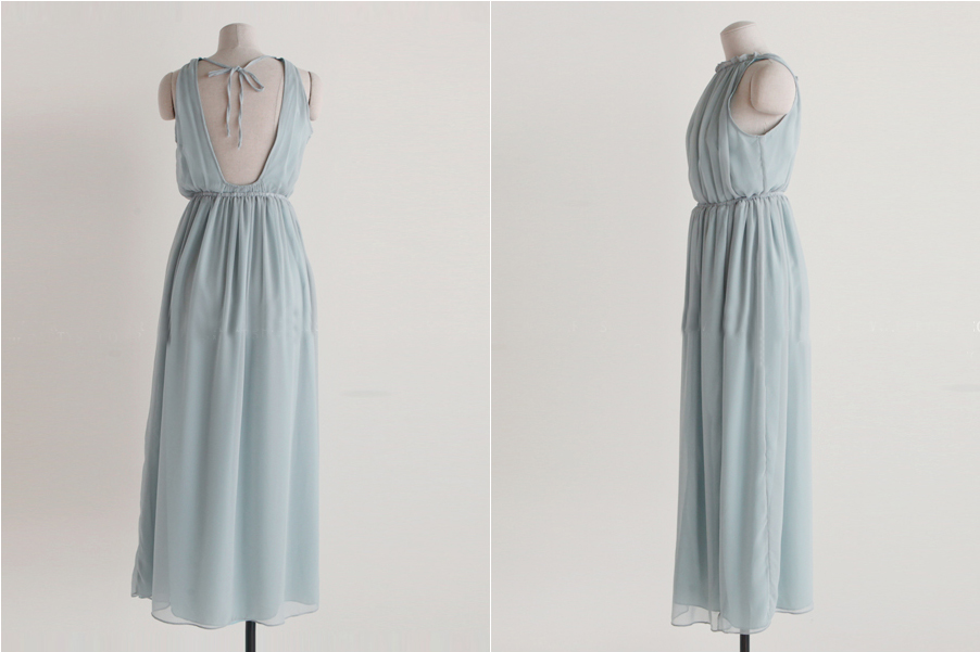 maxi dress - ชุดเดรสยาวผ้าชีฟอง ใสเที่ยว ใส่ทำงาน แขนกุด เปิดหลัง สีเขียว น่ารัก ใส่ออกงานได้ Asia Street Fashion