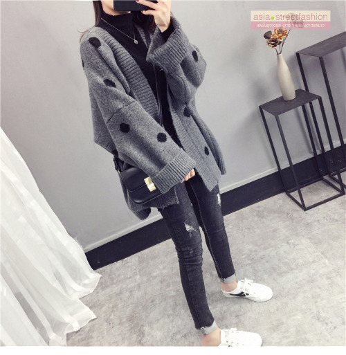 เสื้อกันหนาวไหมพรมถัก ทรงสวย แบบน่ารัก ทอลายจุด พร้อมส่ง เทาลายดำ