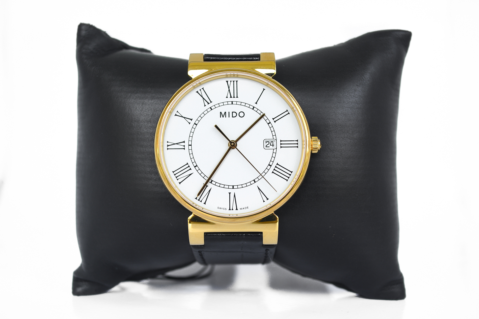 NEW:Mido Dorada Quartz เรือนทอง หน้าขาว หลักโรมัน สายหนัง