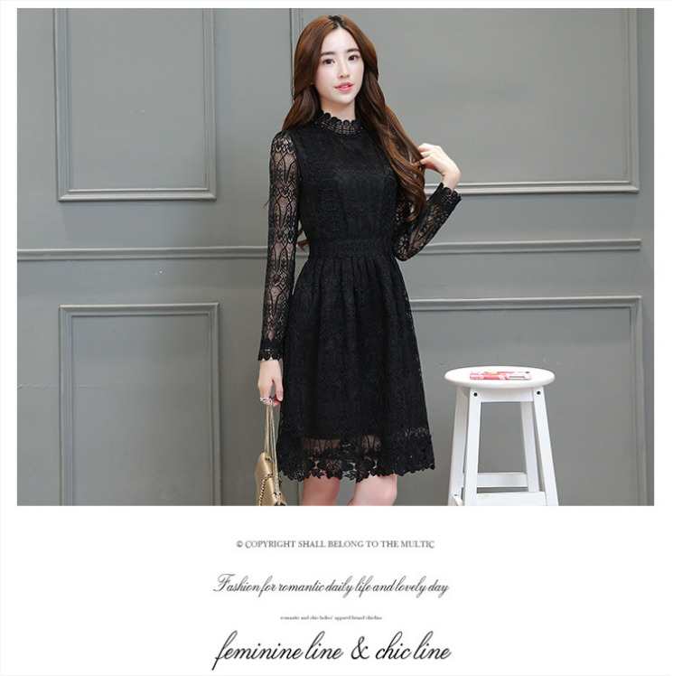 ชุดเดรสทำงานสีดำ ผ้าลูกไม้ แขนยาว กระโปรงทรงบาน