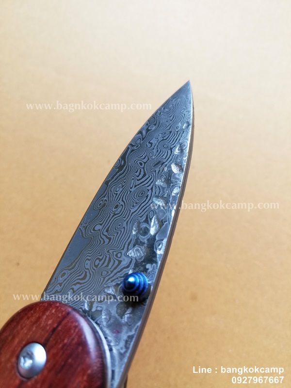 มีดพับ ดามัสกัส Damascus ด้ามไม้ หมุดฟ้า