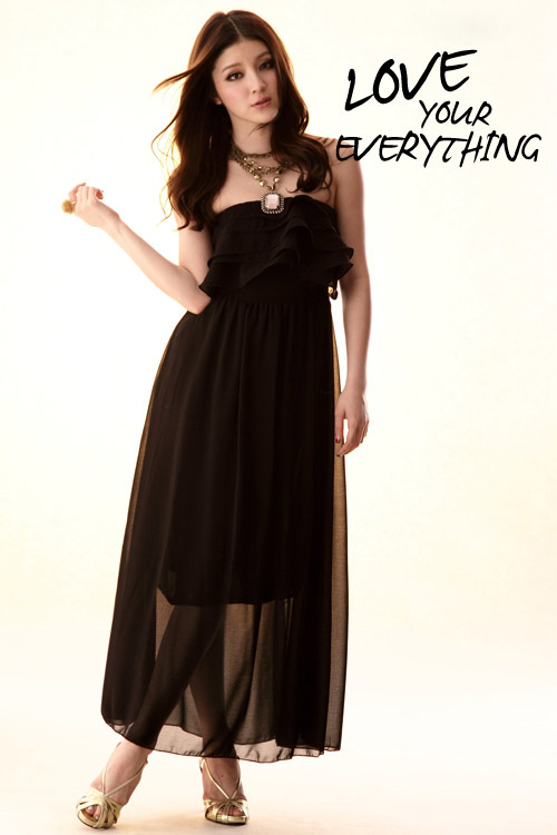 maxi dress ชุดเดรสยาวเกาะอก สีดำ ผ้าชีฟอง สม็อกอก แต่งพริ้ว เซ็กซี่ ใส่ออกงานได้ สวยมาก Asia Street Fashion