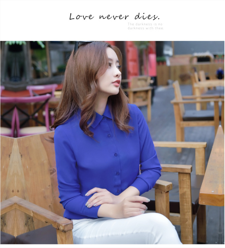 เสื้อเชิ้ตทำงานผู้หญิงสีน้ำเงิน ผ้าชีฟอง สีพื้น คอปก แขนยาว