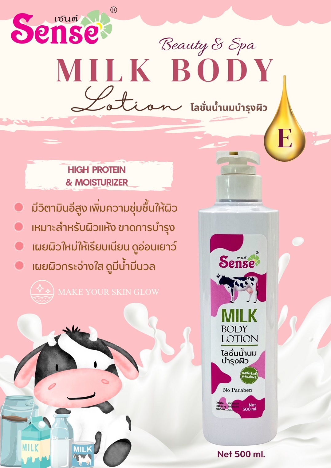Sense โลชั่นเนียนนุ่ม ชุ่มชื่นx3 มี4สูตร น้ำผึ้ง น้ำนม คอลลาเจน VitC 500ML.