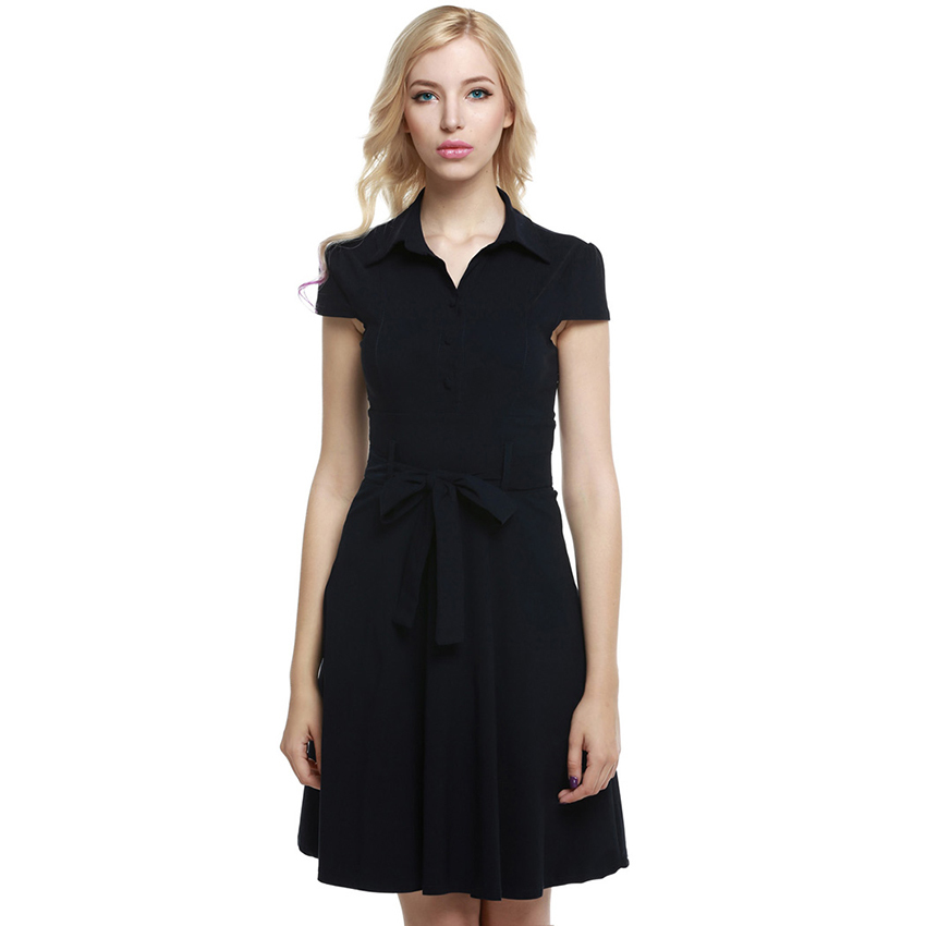 Cyber ACEVOG Women Cap Sleeve Belt Vintage Style Classical CasualParty Swing Womens Dresses Online ( Black )