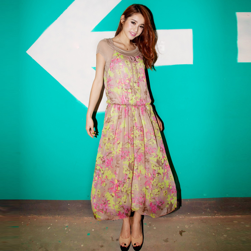 MAXI DRESS ชุดเดรสยาวแฟชั่น 2 ชิ้น ผ้าชีฟอง พื้นสีน้ำตาล ลายเขียว ชมพู ม่วง ใส่ทำงาน ใส่ออกงานได้ น่ารัก ASIA STREET FASHION