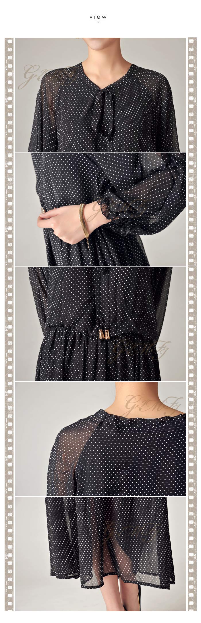 MAXI DRESS ชุดเดรสยาวแฟชั่นแขนยาว สีดำลายจุดขาว คอวี ผ้าชีฟอง จั๊มเอว ใส่เที่ยว ใส่ทำงาน สวยมาก ASIA STREET FASHION