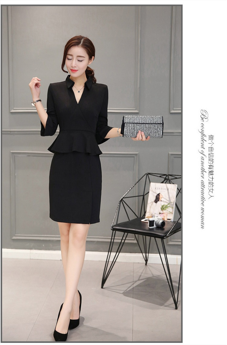 ชุดเดรสทำงานสีดำ เข้ารูป คอปก เอวแต่งระบาย แนวเรียบๆ สวยดูดี แฟชั่นชุดทำงานสไตล์ออฟฟิศ
