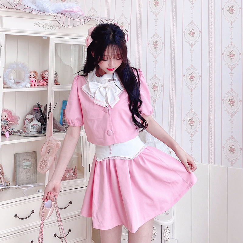 Summer Joy : พรีออเดอร์ ชุดเซ็ตสองชิ้นแฟชั่นน่ารักๆ สไตล์ญี่ปุ่น JK เสื้อสูทแขนตุ๊กตาครอปสั้น + กระโปรงเข้าชุด แบรนด์แท้