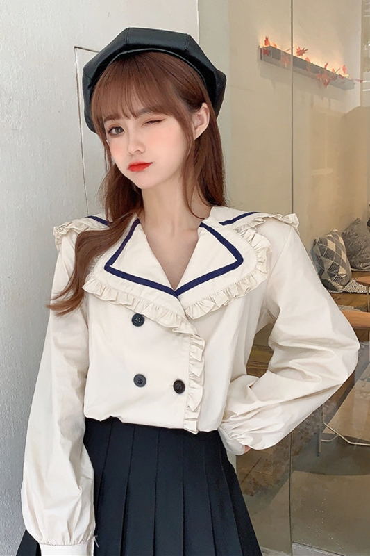 พรีออเดอร์ : เสื้อเชิ้ตแฟชั่นแขนยาวแบบติดกระดุมสองแถวสไตล์ญี่ปุ่นน่ารักๆ มีให้เลือก 2สี