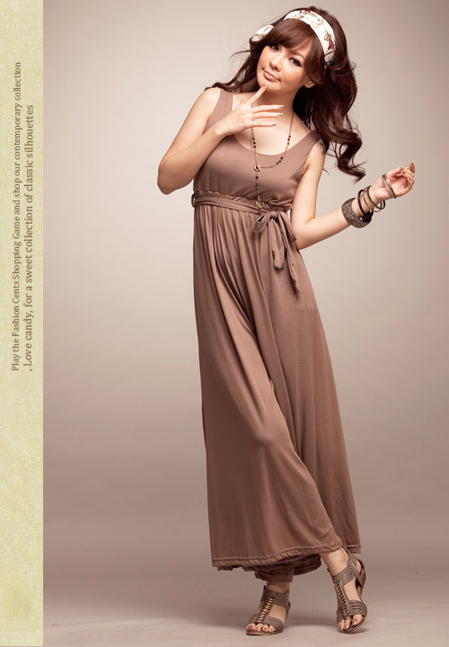 fashion jumpsuit เอี๊ยมกางเกงขายาว สีกากีอมม่วง แขนกุด คอกลม ผ้าคอตตอน ใส่สบาย เท่ห์ๆ มาพร้อมกับเชือกผูกเอว จ้า