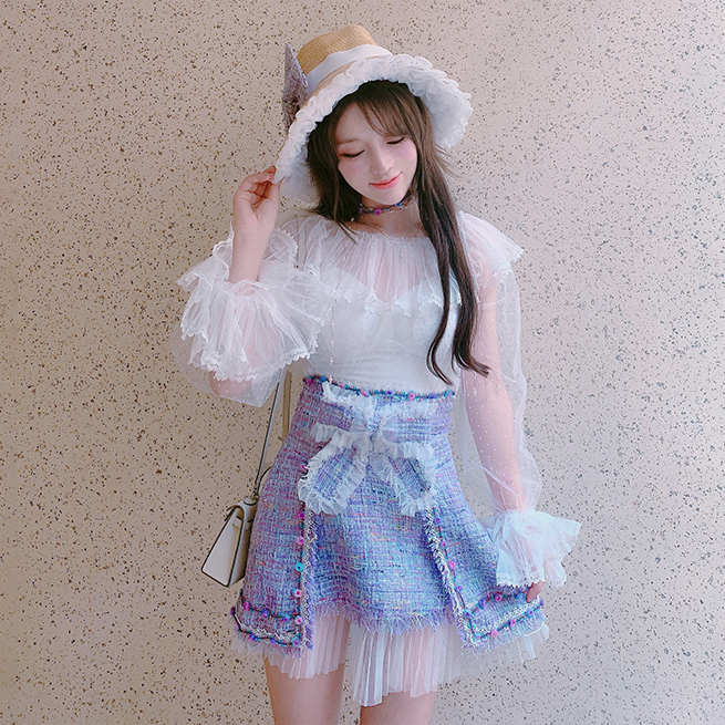 Summer Joy : กระโปรงสีม่วงแฟชั่นแต่งระบายสีขาวตามแบบ