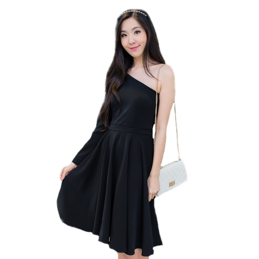 Fashion on art เดรสผ้าฮานาโก๊ะแขนยาวไหล่เดี่ยว - สีดำ