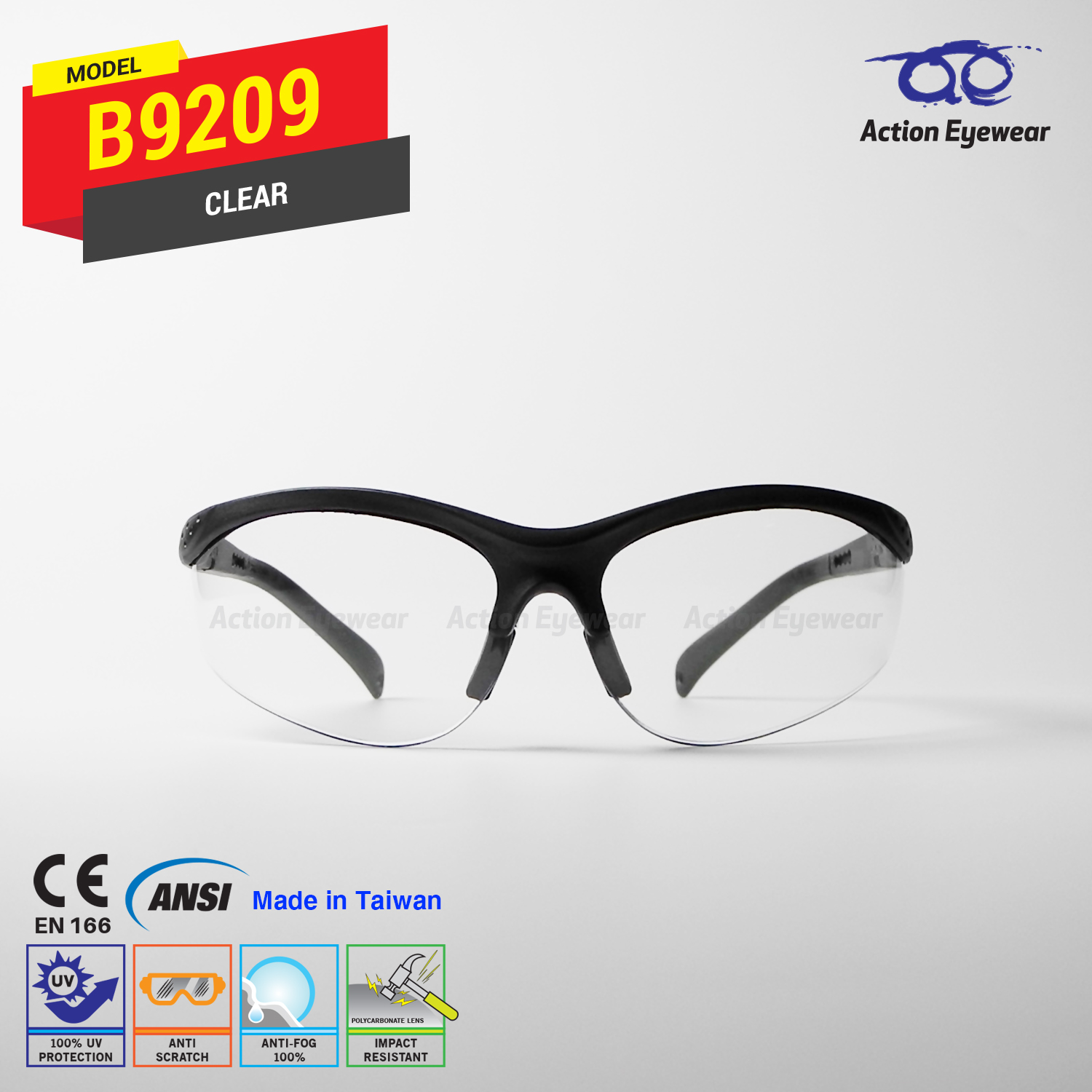 แว่นตานิรภัย รุ่น B9209 (กันฝ้า 100%) เลนส์ใส