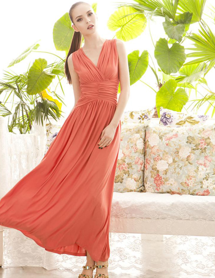 MAXI DRESS เดรสยาว เปิดหลัง ผ้าคอตตอน สีโอรส แขนกุด ใส่ออกงาน สวยๆ ASIA STREET FASHION