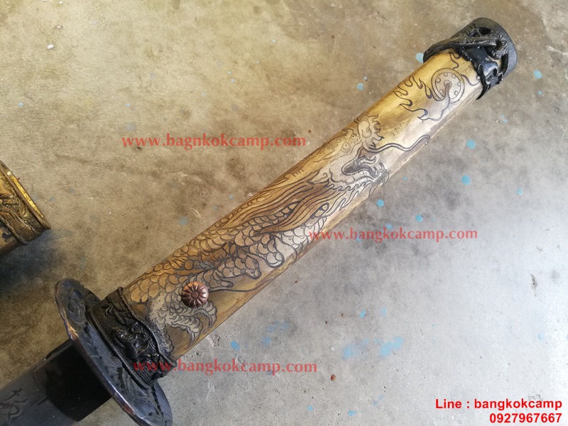 ดาบซามูไร (ยาว) ใบมีดเป็นเหล็กลาย (ใบมีดดามัสกัส) ลายมังกร