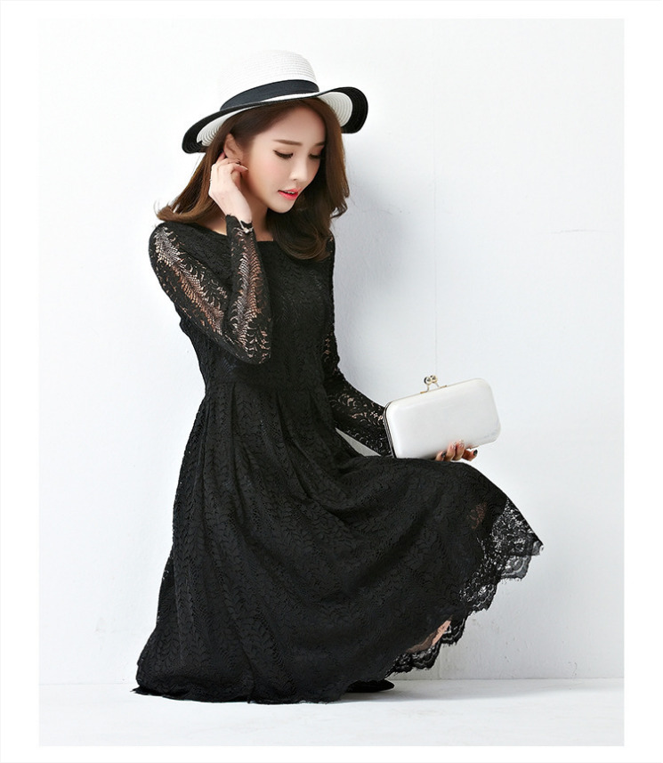 ชุดเดรสลูกไม้สีดำ แขนยาว กระโปรงทรงบาน แฟชั่นสาวออฟฟิศ ลุคเรียบร้อย สวยหวาน ดูดี