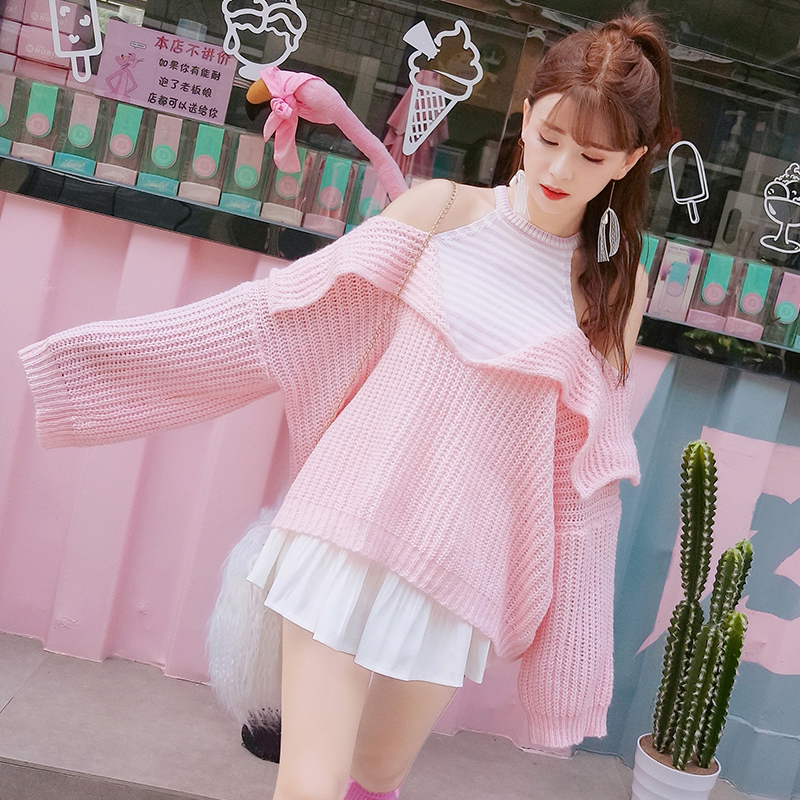 พรีออเดอร์ : เสื้อไหมพรมแฟชั่นน่ารักๆ เปิดไหล่ ใส่แบบหลวมๆ สไตล์ญี่ปุ่น
