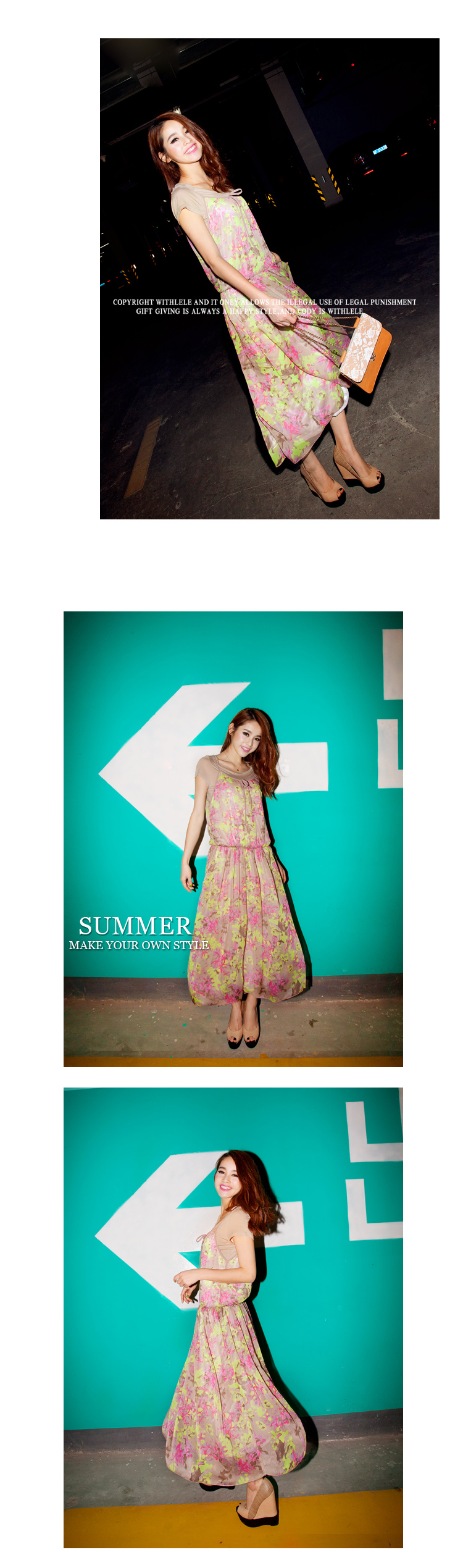 MAXI DRESS ชุดเดรสยาวแฟชั่น 2 ชิ้น ผ้าชีฟอง พื้นสีน้ำตาล ลายเขียว ชมพู ม่วง ใส่ทำงาน ใส่ออกงานได้ น่ารัก ASIA STREET FASHION