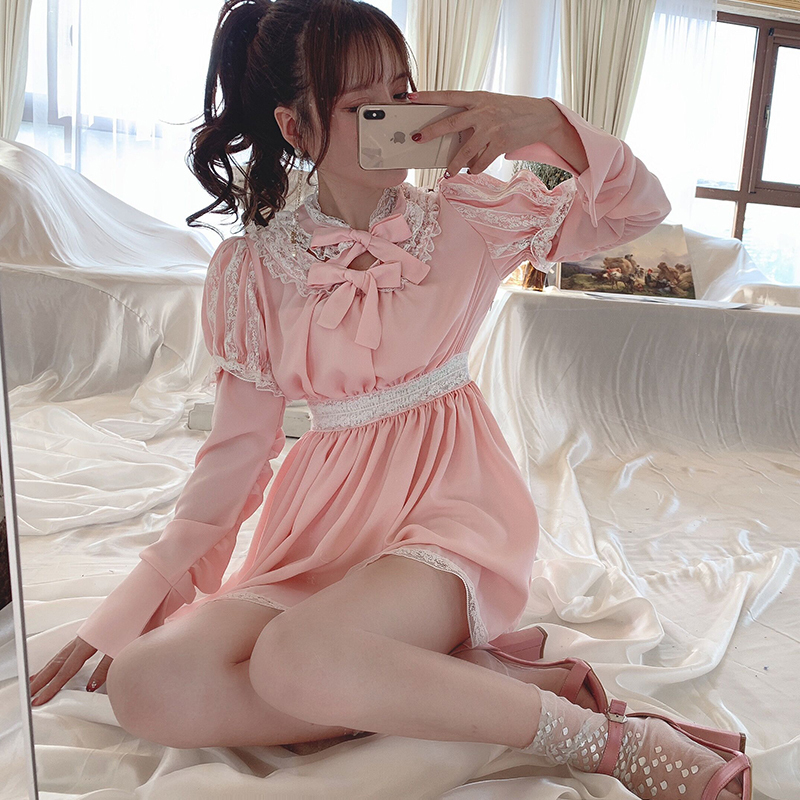 พรีออเดอร์ : เดรสแฟชั่นสไตล์ญี่ปุ่น สีชมพูแต่งผ้าลูกไม้ ทรงแขนแบบสไตล์เจ้าหญิงดีสนีย์
