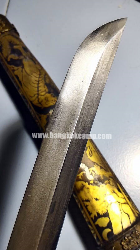 ดาบญี่ปุ่นลายเสือเล่มเล็ก ฮาราคีรี กระไหล่เงิน ใบมีดเป็นเหล็กลาย (ใบมีดดามัสกัส)