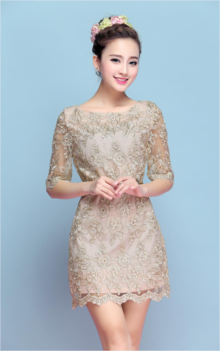 ชุดเดรสออกงาน/ชุดไปงานแต่งงานสีทอง เข้ารูป แขนสี่ส่วน แนวเรียบหรู สวยสง่า ดูดี