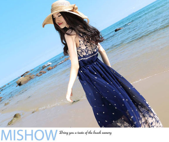 maxi dress เดรสยาวผ้าชีฟอง ใส่เที่ยวทะเลชิวๆ สีน้ำเงิน สวย น่ารักๆ Asia Street Fashion