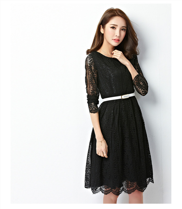 ชุดเดรสลูกไม้สีดำ แขนยาว กระโปรงทรงบาน แฟชั่นสาวออฟฟิศ ลุคเรียบร้อย สวยหวาน ดูดี