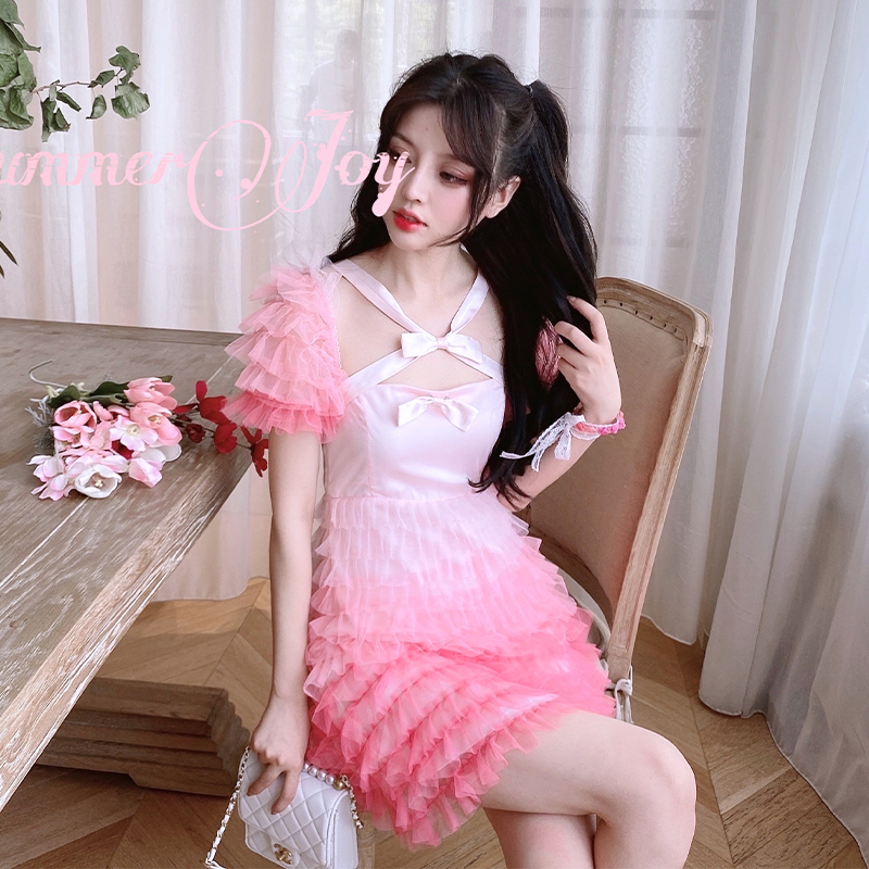 Summer Joy : พรีออเดอร์ เดรสแฟชั่นสีชมพูไล่ระดับแต่งระบายน่ารักๆ ตามแบบ แบรนด์แท้
