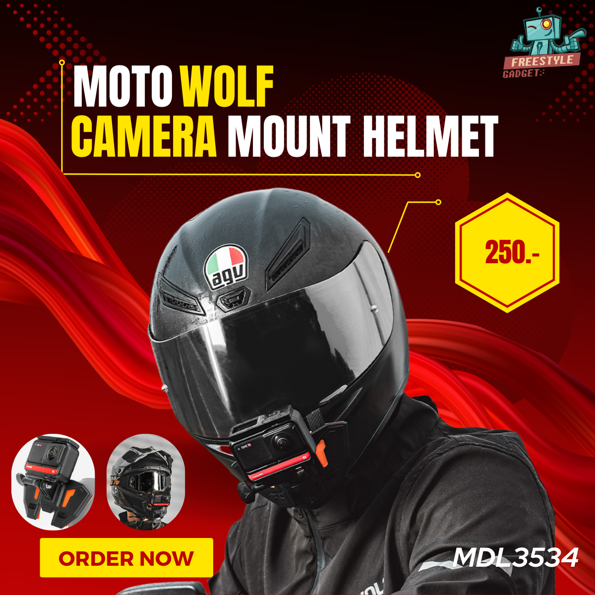 MOTOWOLF MDL3534 Camera Mount Helmet - ขายึดกล้อง ,Gopro สำหรับติดหมวกกันน็อค พร้อมสายรัดคาง มุม POV