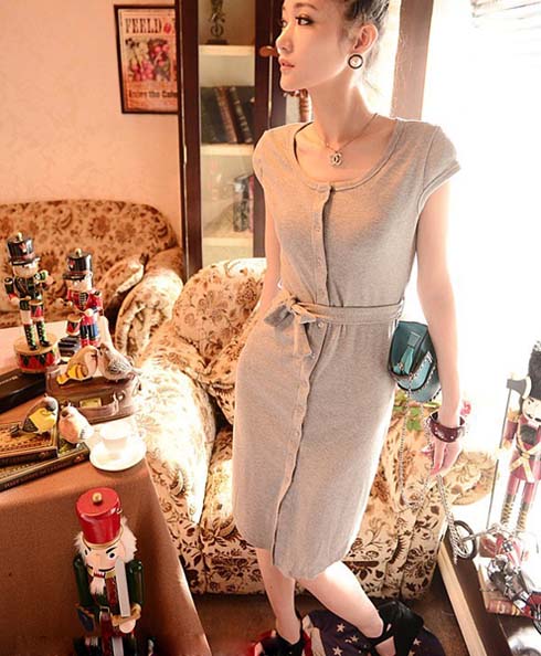 dress ชุดเดรสแฟชั่นเกาหลี แขนสั้น คอกลม ใส่ทำงาน เที่ยว ผ้าคอตตอน กระดุมหน้า พร้อมสายผูกเอว สีเทา น่ารักมากๆ ค่ะ Asia Street Fashion