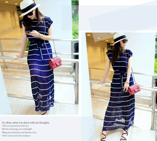 maxi dress ชุดเดรสยาวกระโปรงอัดพลีท ผ้าชีฟอง สีน้ำเงิน จั๊มเอว ใส่เที่ยว เท่ห์ๆ Asia Street Fashion