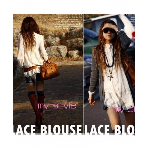 fashion เสื้อแฟชั่นแขนยาว สีขาว ผ้าชีฟองแต่งลูกไม้ เท่ห์