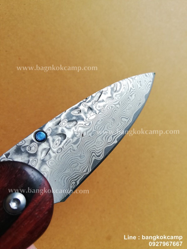มีดพับ ดามัสกัส Damascus ด้ามไม้ หมุดฟ้า