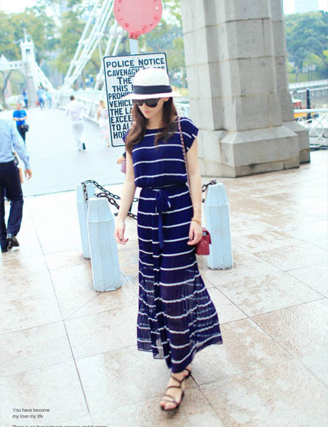 maxi dress ชุดเดรสยาวกระโปรงอัดพลีท ผ้าชีฟอง สีน้ำเงิน จั๊มเอว ใส่เที่ยว เท่ห์ๆ Asia Street Fashion
