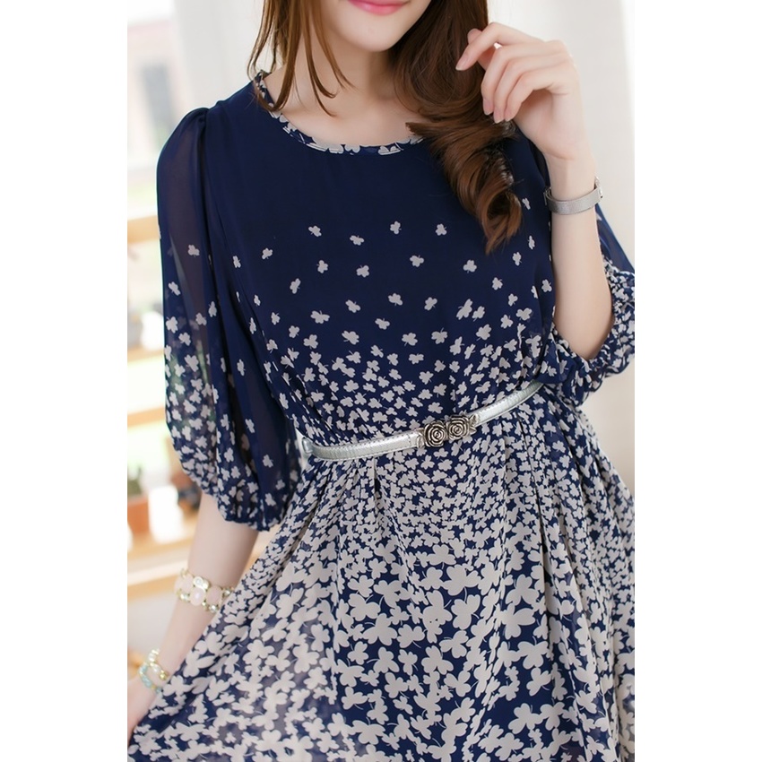 fashionstory แฟชั่นชุดเดรสออนไลน์ชุดเดรสยาวแฟชั่นเอเชียเนื้อนิ่ม พิมพ์ลายดอกไม้ (สีกรมท่า)